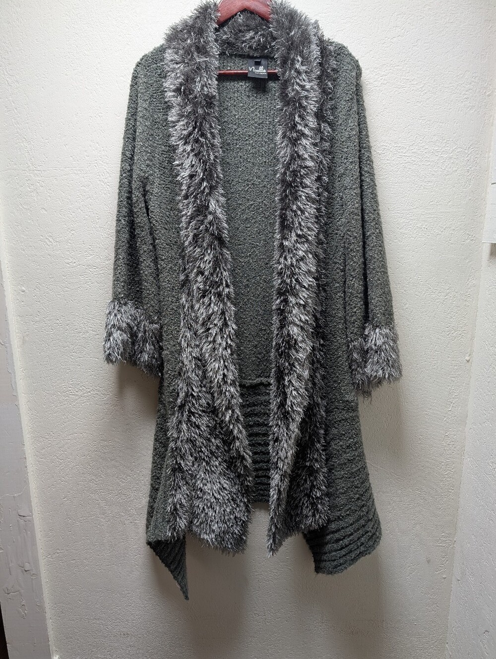 Women's Noelle Long Open Front Cardigan Faux Fur Trim Penny Lane Cashmere Linen